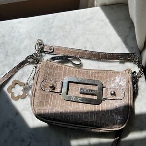 Y2K GUESS Taupe Croc-Embossed Mini Shoulder Bag with Charms and Crossbody Strap